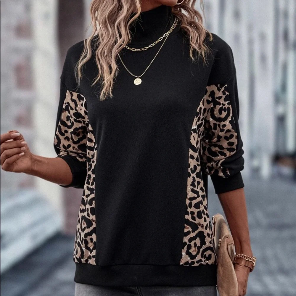 🐆 CASUAL BLACK LEOPARD LOOSE FIT HIGH NECK JUMPER! - Picture 6 of 10